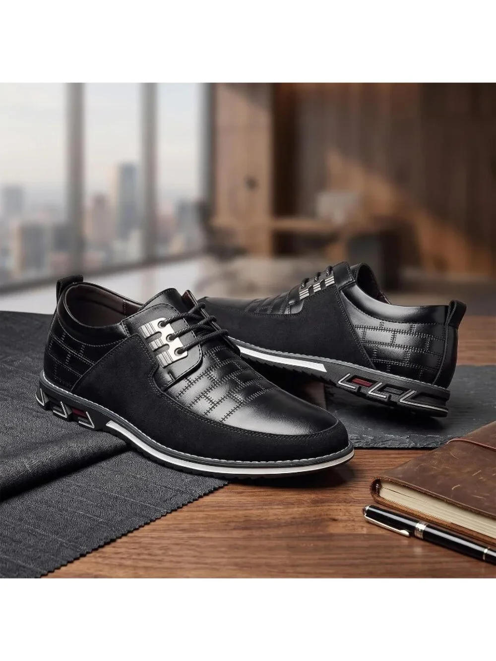 Men's Black Plaid Grid Lace-up Leather Business Orthopedic Oxford Derby Shoes